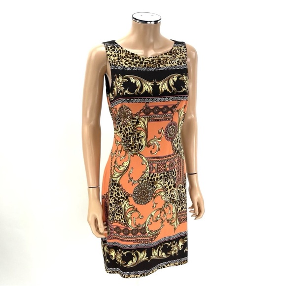 CACHE Sleeveless Sheath Dress SIZE 8 Coral Cocoa Leopard Gold Baroque Print NWT - Picture 7 of 12